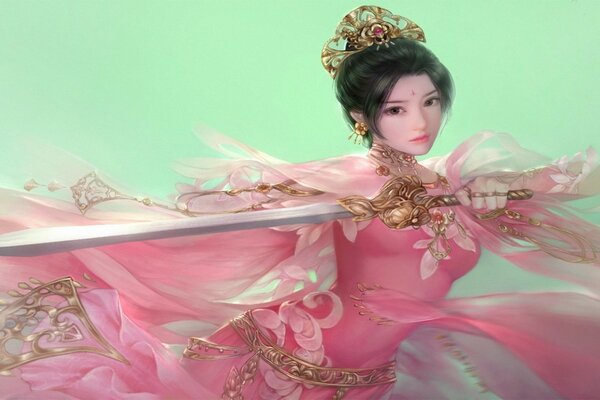 A gentle woman in a pink dress with a sword