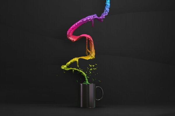 Colored water splashed out of a black mug