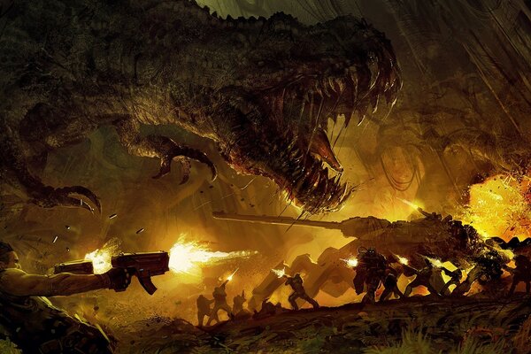 The confrontation between the army and the dinosaur being shot at