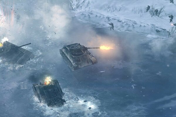 Batalha de tanques no inverno nevado