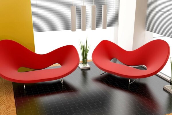 Red sofas of unusual shape