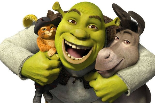 Shrek, burro y el gato con botas abrazados