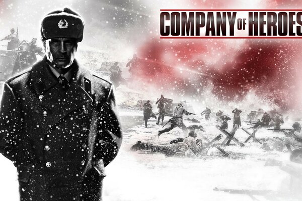 Radziecki dowódca stoi na tle pola bitwy