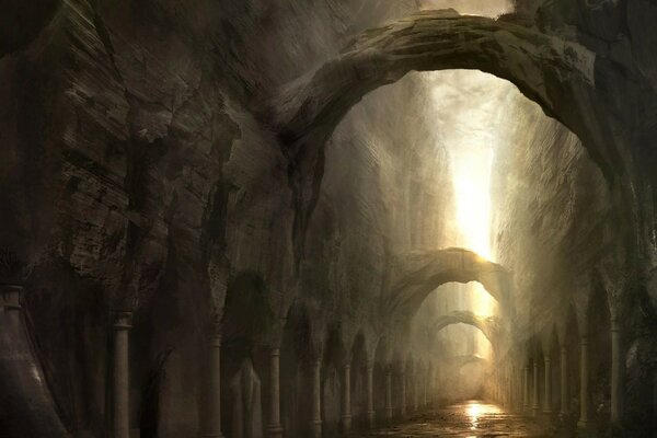 Tunnel in a cave under the light of the sun