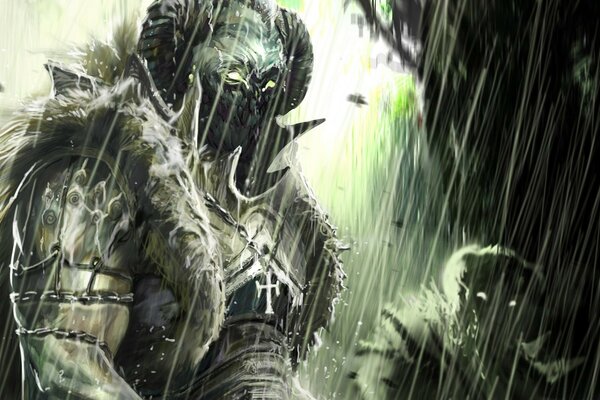 Savaşçı yağmur altında duruyor