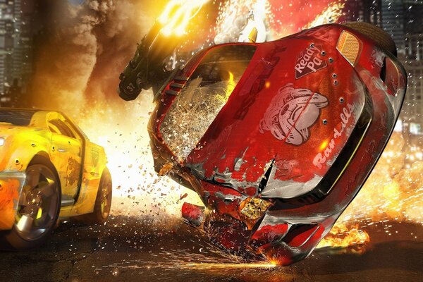 The red car is flying in flames