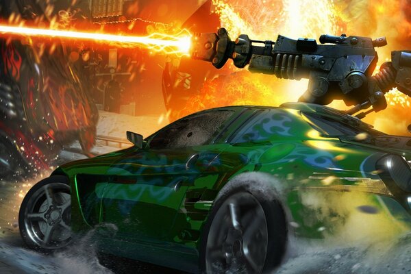 A car with a gun. Fire and explosions