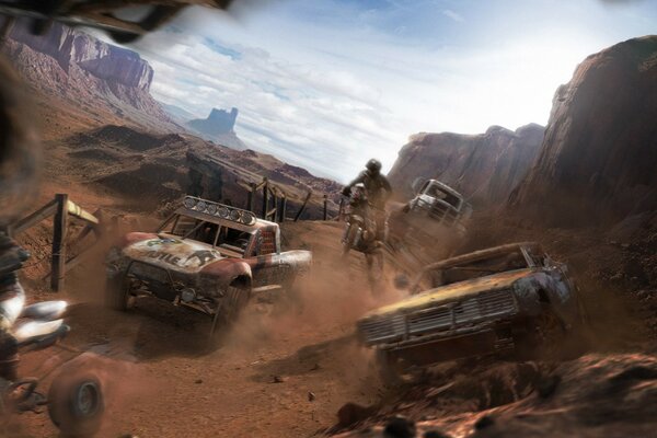 Game. Cars drive through the desert. Dust