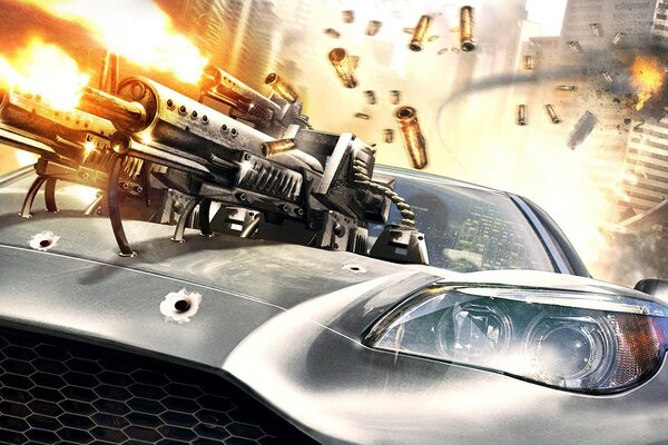 A car with machine guns is going fast