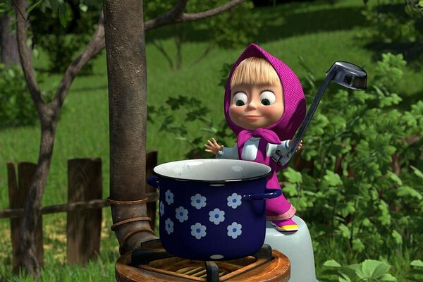 Cartoon Masha cooks porridge