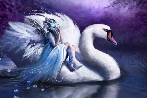 A fascinating picture with a white swan and a girl