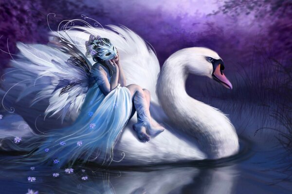 一个迷人的画面与白天鹅和一个女孩