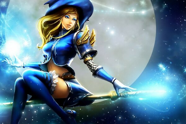 A beautiful witch in blue clothes is flying