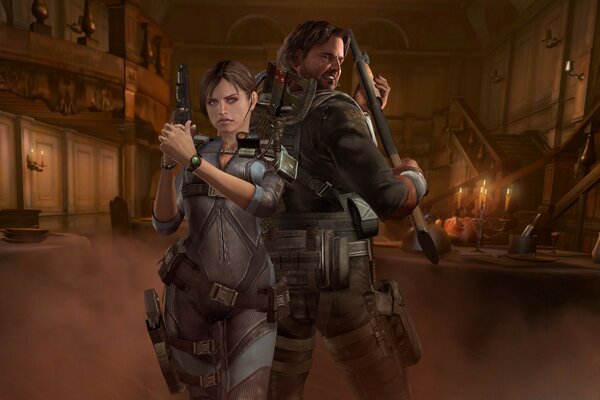 Resident evil. Hombre y mujer militares en el interior