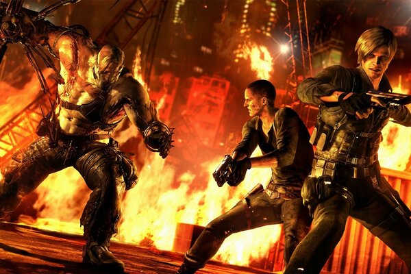 Resident evil. Military with weapons. Battle among the flames