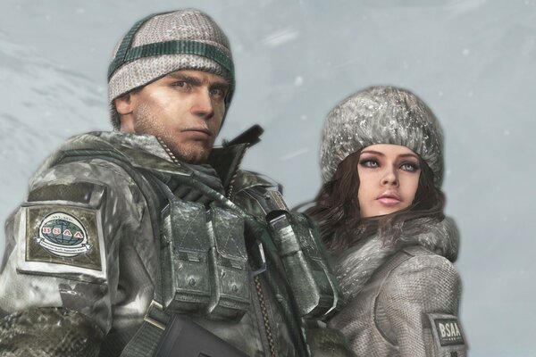 Resident evil. Invierno. Hombre y mujer en uniforme militar de invierno