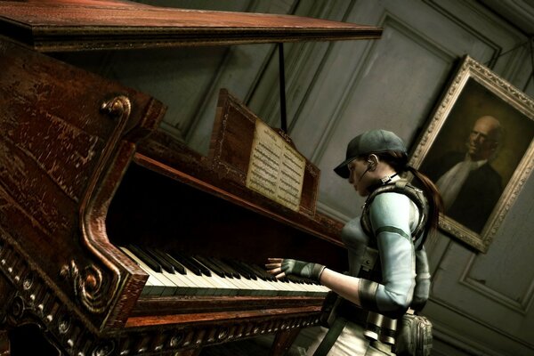 Resident evil. Chica en uniforme toca el piano