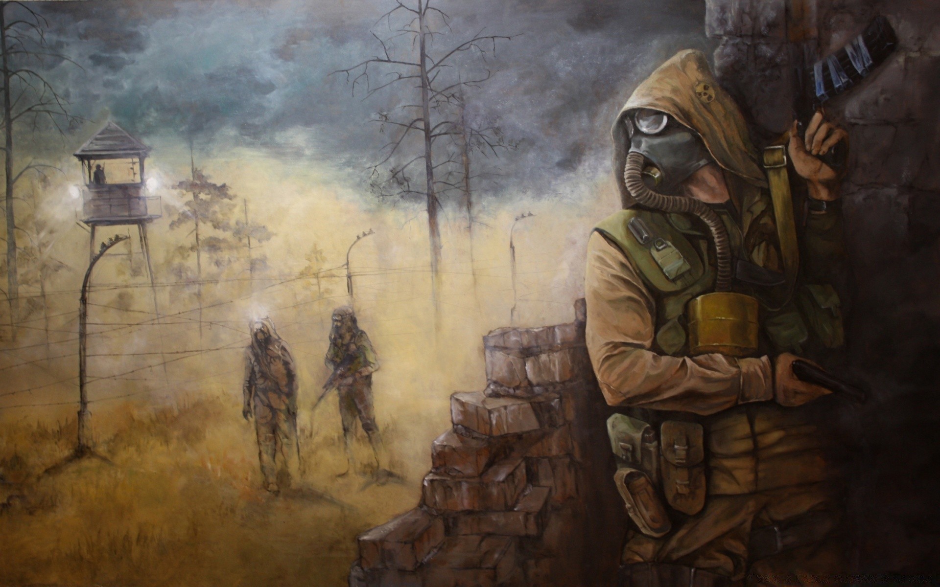 s.t.a.l.k.e.r. war battle military painting adult wear weapon smoke art man army calamity soldier combat illustration one