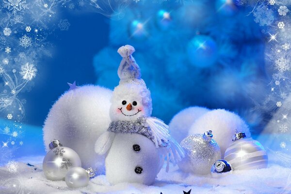 A toy snowman on a blue background