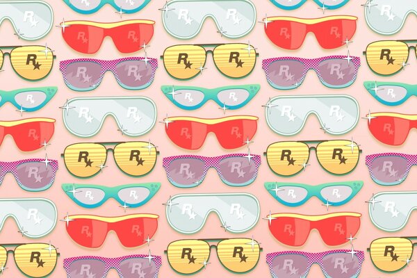 A variety of glasses with the Rockstar Games logo on the lenses