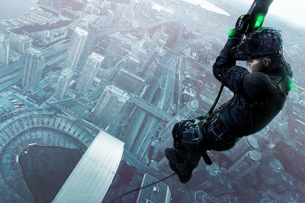 A military soldier walks down a rope