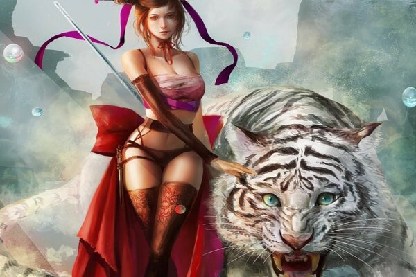 A female warrior and a white tiger. Anime