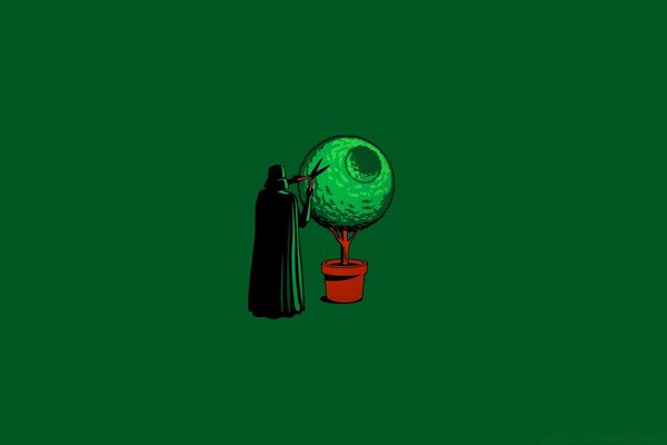 Star Wars. Lord Vader corta el topiario. Fondo verde