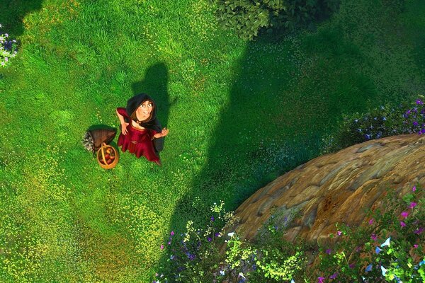 Personaggio Dei Cartoni animati Rapunzel vicino alla torre su sfondo verde brillante