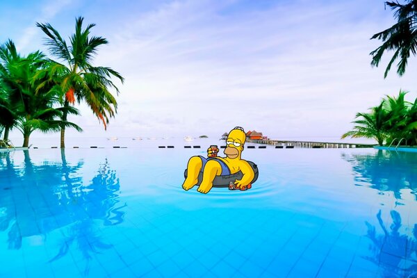 Homer se repose dans une piscine transparente