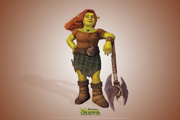 The cartoon character Shrek. Fiona stands with a gun in her hands