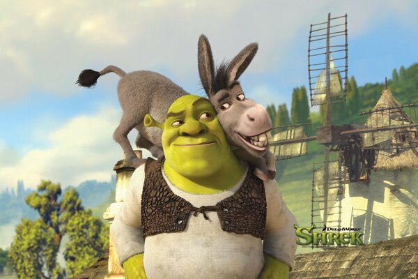 Shrek avec un âne autour du cou