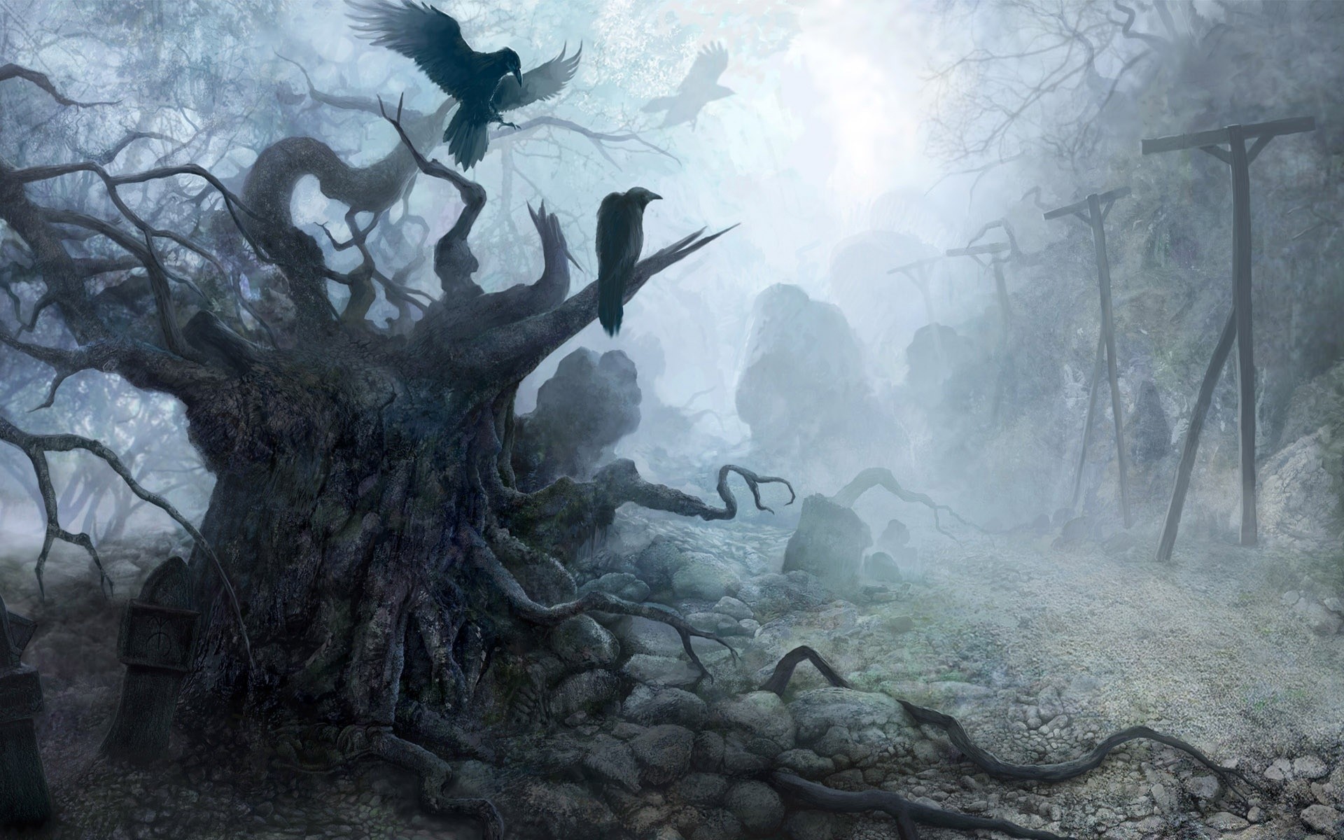 the witcher illustrazione arte pittura albero inverno nebbia natura