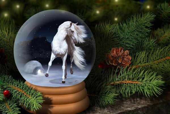 New Year s ball with a horse in the Christmas tree