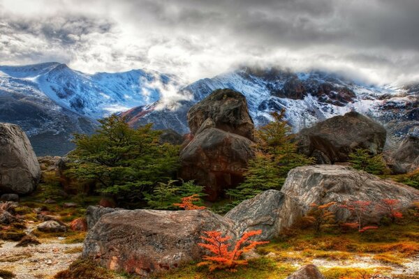 Les nuages se couchent sur les sommets des montagnes