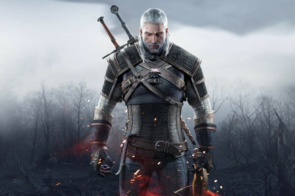 The Witcher equipado com armas na floresta nebulosa