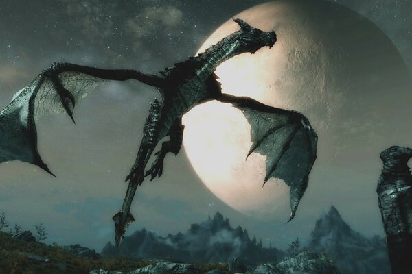 The flight of one dragon over the waters in the elder scrolls