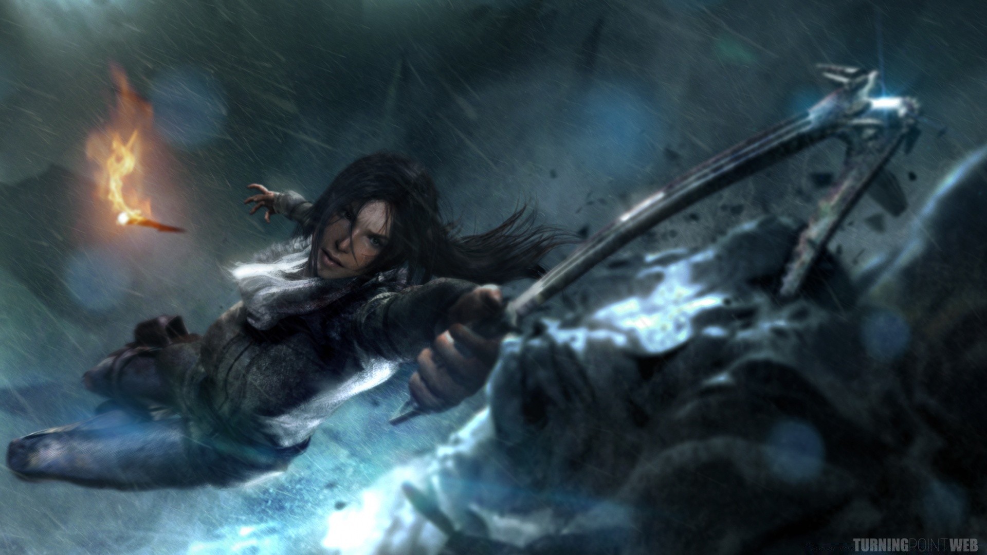 tomb raider one adult woman underwater action flame smoke calamity water