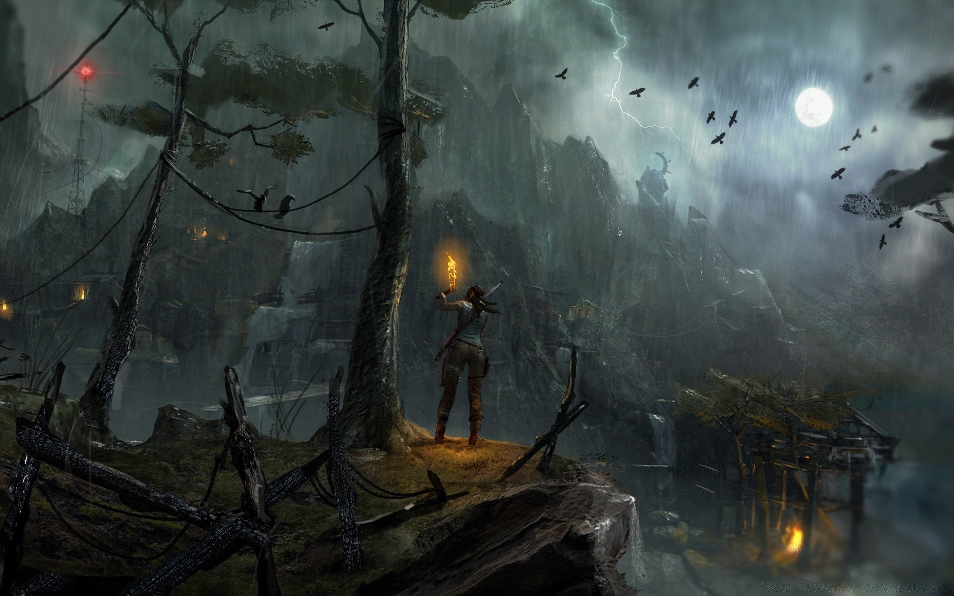 tomb raider light flame smoke moon landscape art water