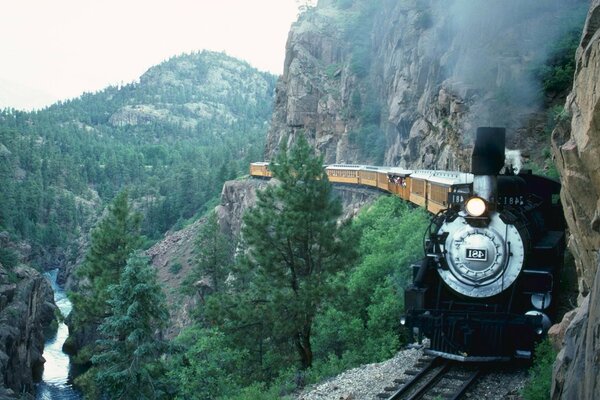 En medio de un hermoso paisaje de montañas, un tren viaja