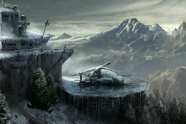 Icy helicopter on the background of mountains