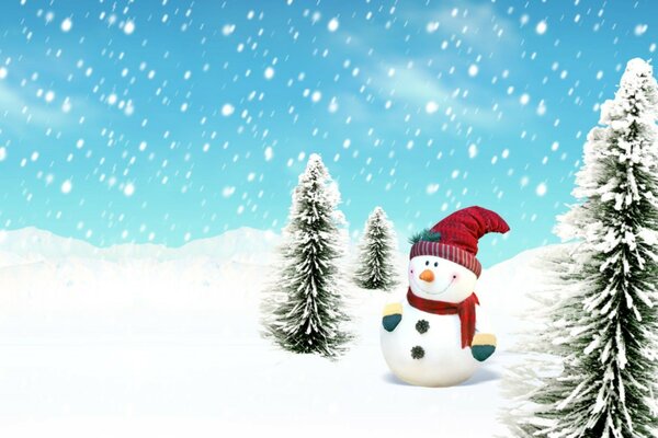 A cheerful snowman among the Christmas trees