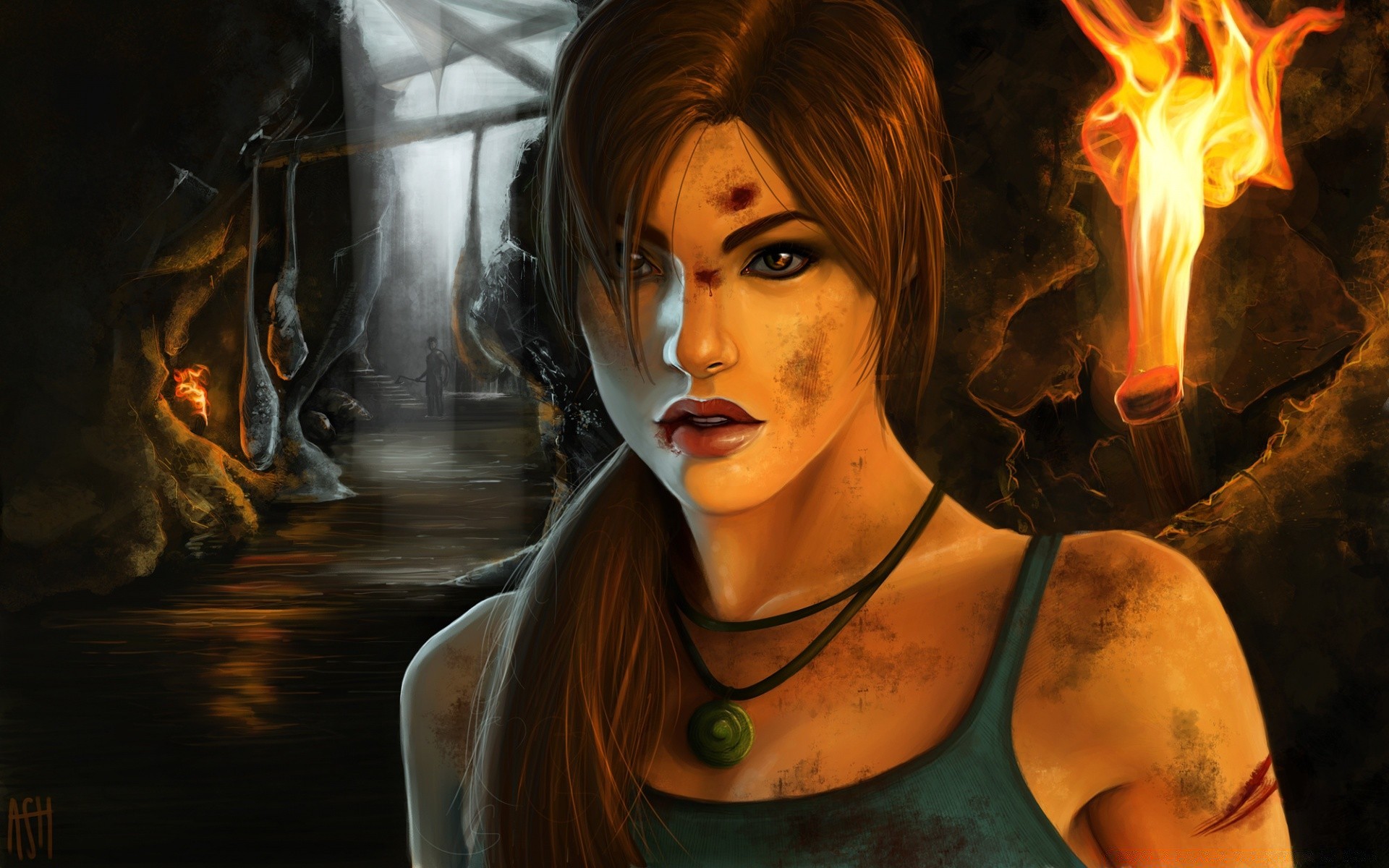 tomb raider flamme heiß frau rauch dunkel warm porträt erwachsener verbrannt