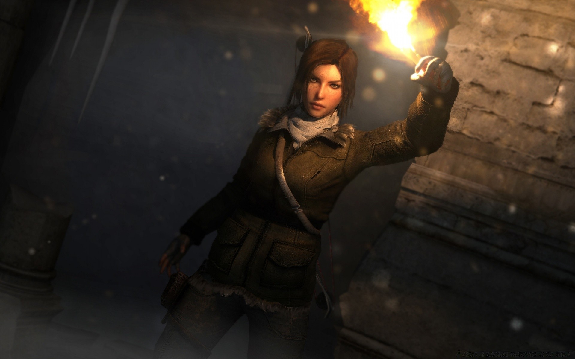 tomb raider adulte unique femme portrait flamme fumée sombre porter bataille