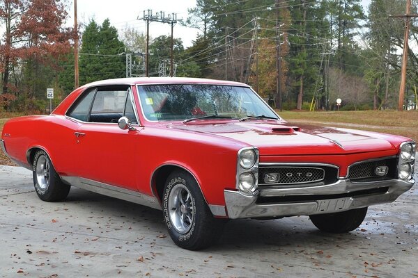 Red retro car in the forest