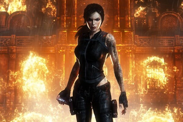 Lara Croft on the background of fire