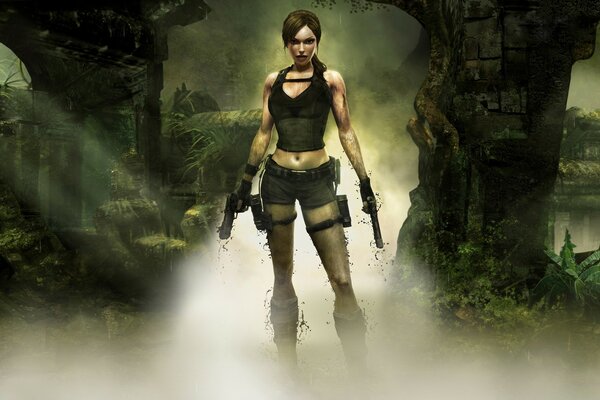 Lara Croft in the jungle on the background of columns