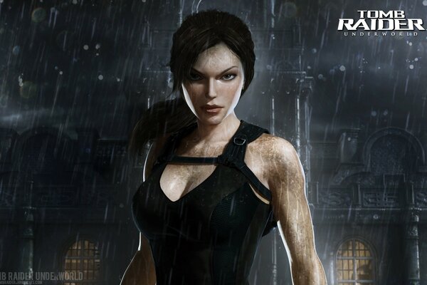 Lara Croft en un fondo oscuro