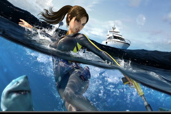 A girl is swimming in the open sea, a shark is nearby