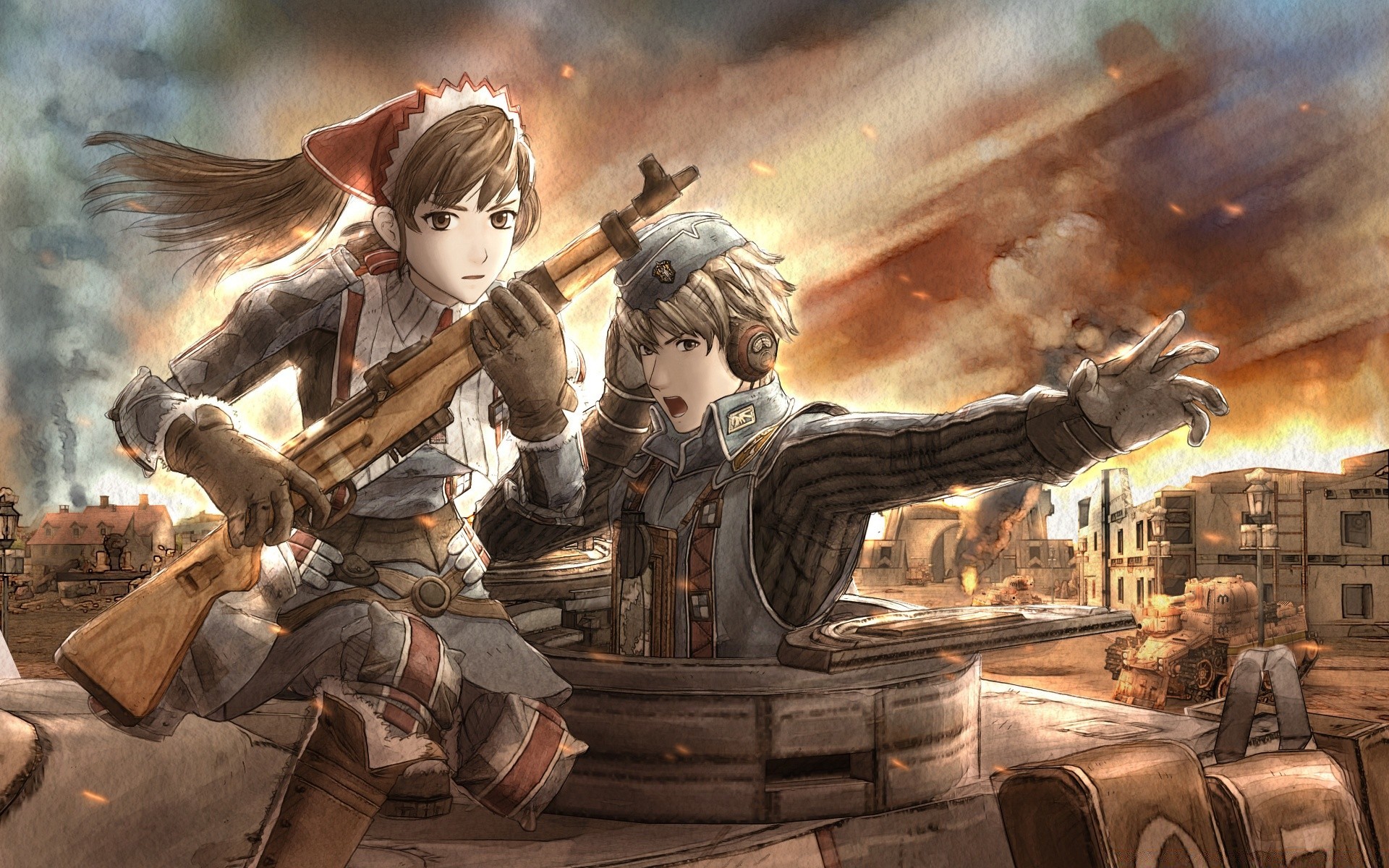 valkyria chronicles adult art vehicle religion weapon wear group one man painting travel war