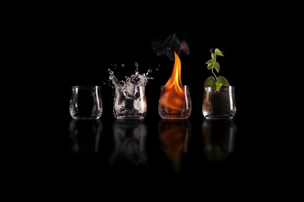 Four glasses with drinks on a black background